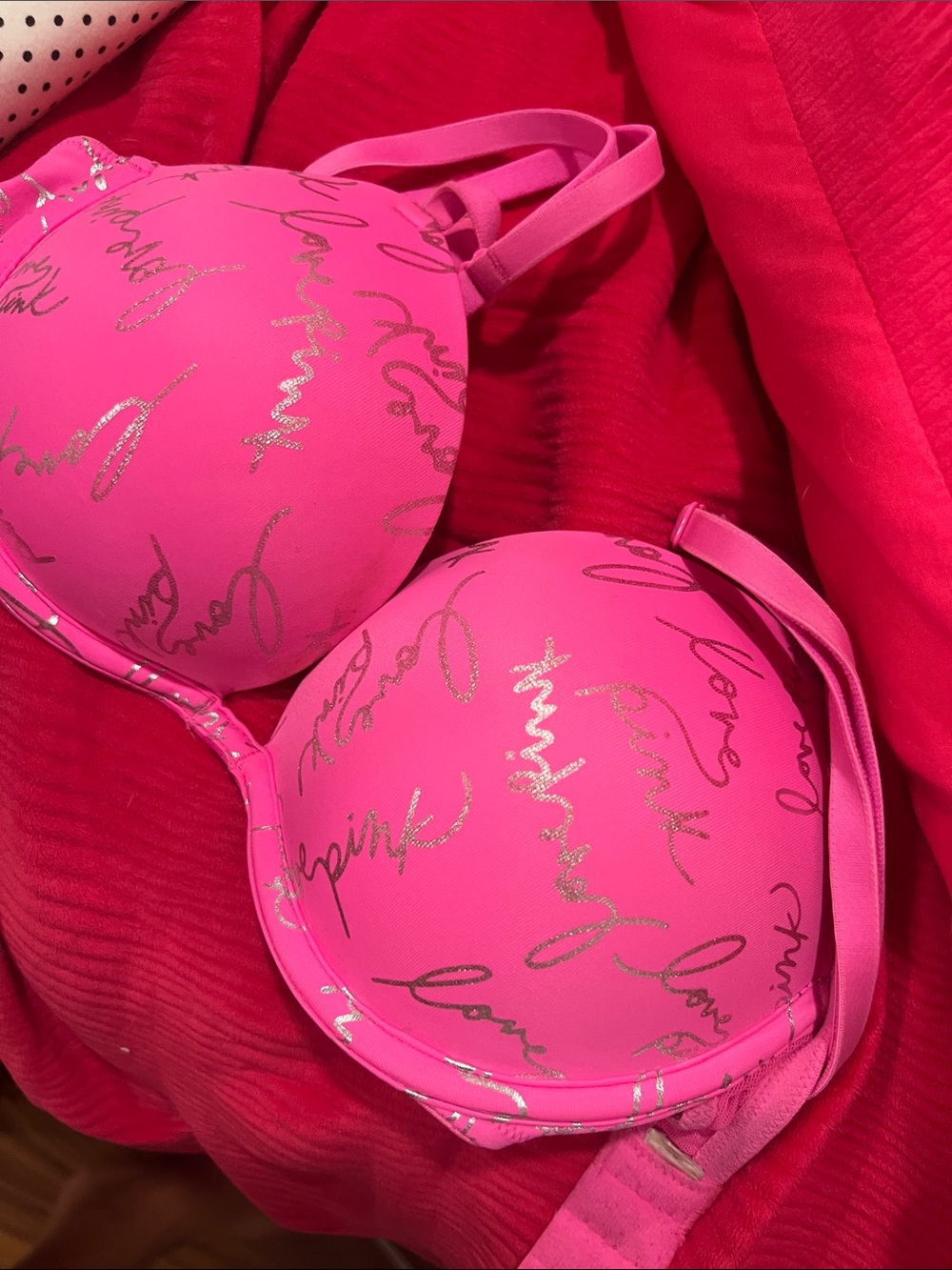 PINK Victoria's Secret Hot Pink Padded Bra with Metallic Script
